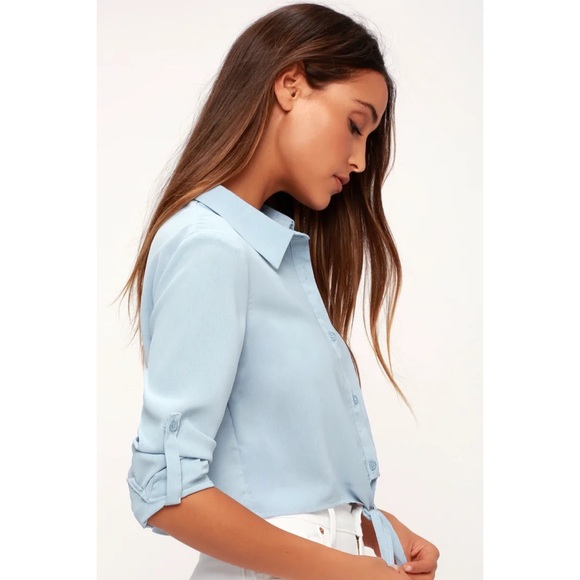Light Blue Long Sleeve ButtonUp Tie-Front Crop Top - Picture 4 of 6